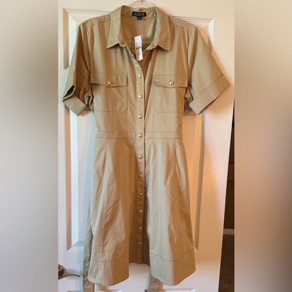 J. Crew Tie-waist shirtdress stretch twill Khaki snap button Size 12 NWT - Picture 1 of 10